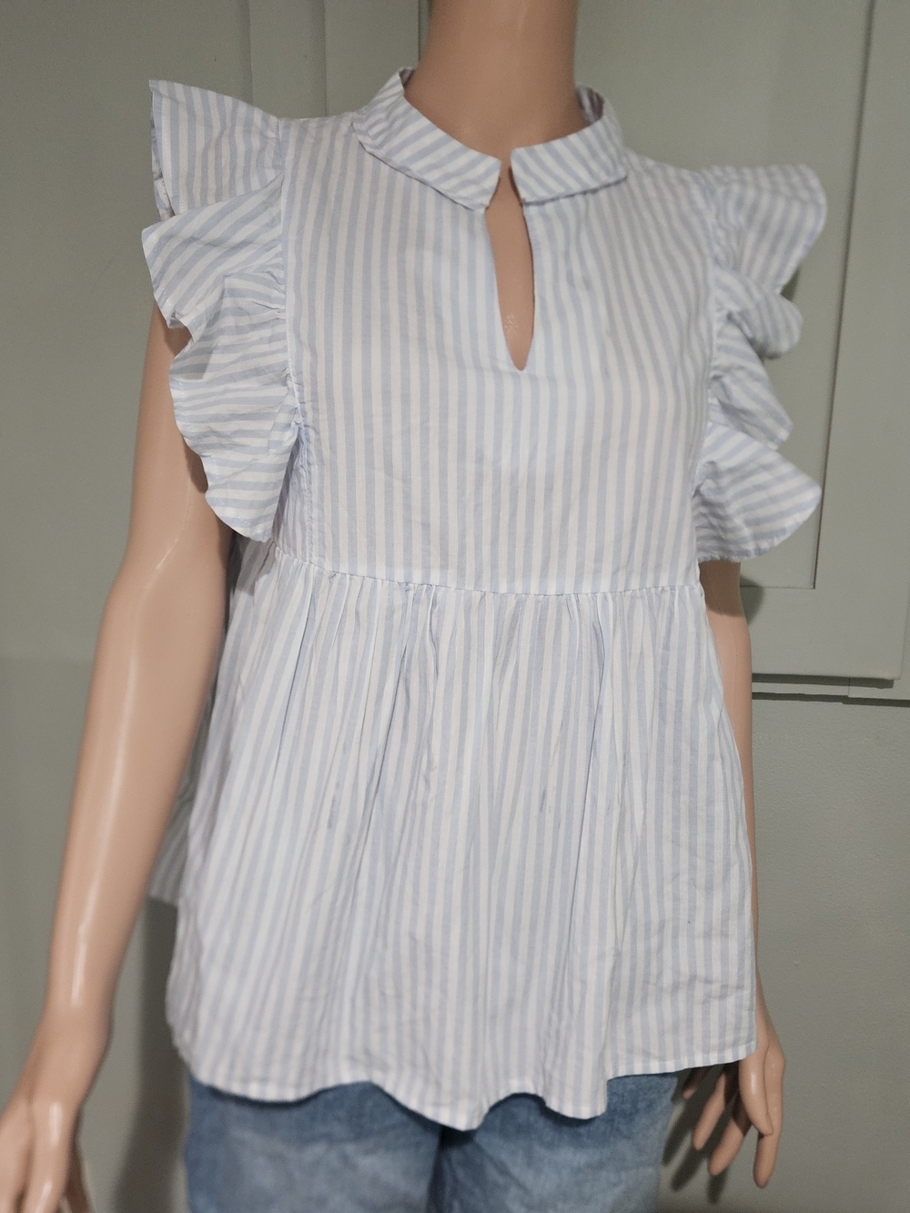 LaRoque Original Blue & White Stripe Ruffle Sleeve Babydoll Top – Size Medium - Picture 8 of 14